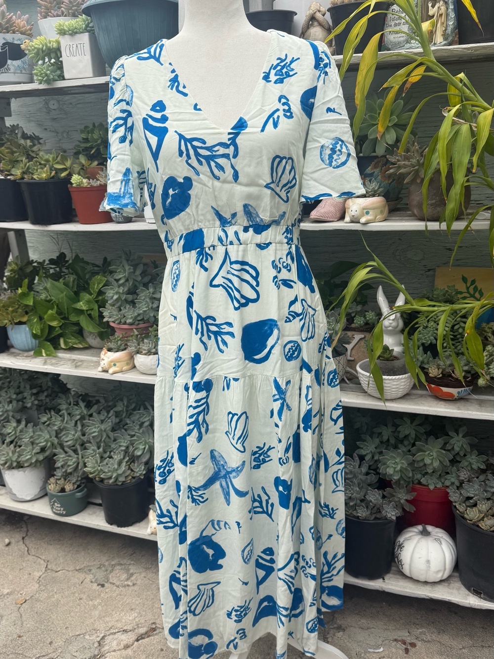 White and Blue V-Neck Maxi Dress with Coastal Print